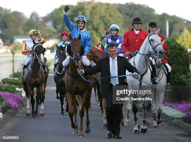 Stathi Katsidis riding Sister Havana calebrates as he returns to scale after winning the Karaka Million during the Karaka Million at Ellerslie...