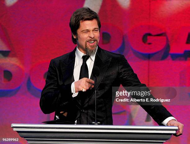 Actor Brad Pitt presents the Feature Film Nomination Plaque to Director Quentin Tarantino for "Inglourious Basterds" onstage during the 62nd Annual...