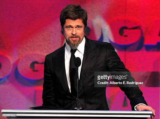 Actor Brad Pitt presents the Feature Film Nomination Plaque to Director Quentin Tarantino for "Inglourious Basterds" onstage during the 62nd Annual...