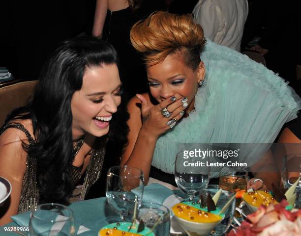 Singer Katy Perry and Rihanna during the 52nd Annual GRAMMY Awards - Salute To Icons Honoring Doug Morris held at The Beverly Hilton Hotel on January...