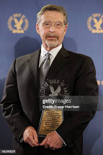 Chairman and CEO of Warner Bros. Entertainment Inc. Barry Meyer, winner of the Honorary Life Membership, poses in the press room during the 62nd...