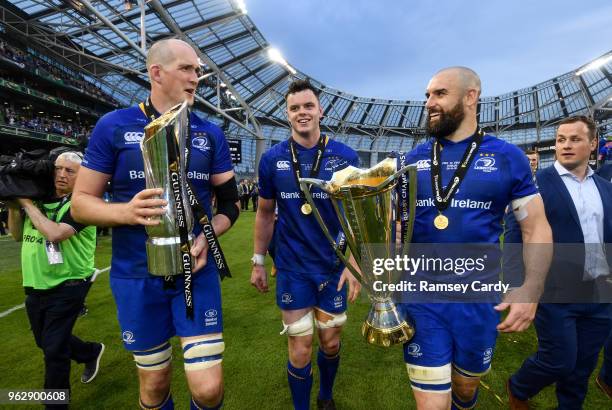 Dublin , Ireland - 26 May 2018; Devin Toner, left, James Ryan, centre, and Scott Fardy of Leinster following their victory in the Guinness PRO14...