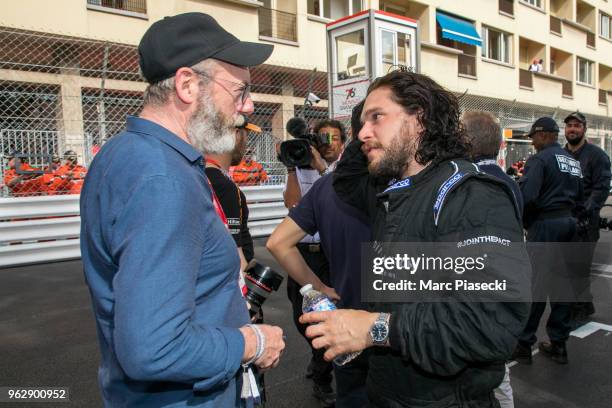 Actors Liam Cunningham and Kit Harington are seen during the Monaco Formula One Grand Prix at Circuit de Monaco on May 27, 2018 in Monte-Carlo,...