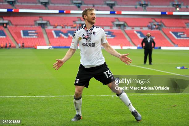 Tim Ream of Fulham celebrates during the Sky Bet Championship Play Off Final between Aston Villa and Fulham at Wembley Stadium on May 26, 2018 in...