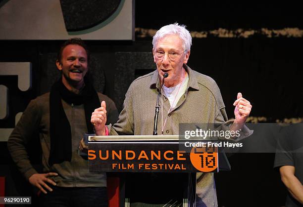 Director Leon Gast accepts the Directing Award for Documentary for "Smash His Camera" from Morgan Spurlock onstage at the Awards Night Ceremony...