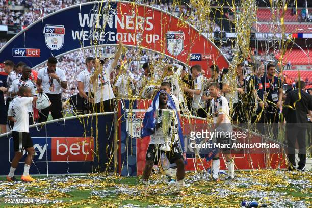 Aboubakar Kamara of Fulham celebrates with the trophy during the Sky Bet Championship Play Off Final between Aston Villa and Fulham at Wembley...