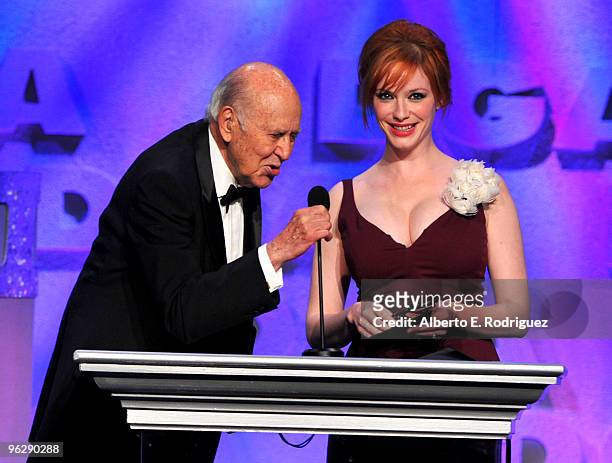 Host Carl Reiner and actress Christina Hendricks present the Comedy Series award onstage during the 62nd Annual Directors Guild Of America Awards at...