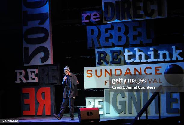 Host David Hyde Pierce performs onstage at the Awards Night Ceremony during the 2010 Sundance Film Festival at Racquet Club on January 30, 2010 in...