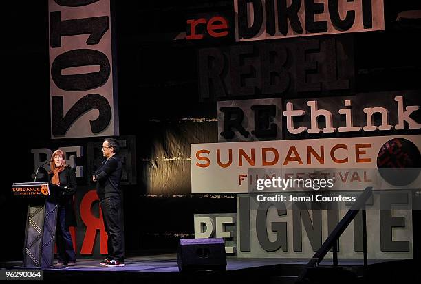 Sundance Institute Managing Director Jill Miller and Sundance Film Festival Director John Cooper speak onstage at the Awards Night Ceremony during...