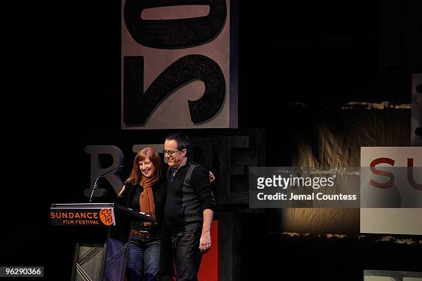 Sundance Institute Managing Director Jill Miller and Sundance Film Festival Director John Cooper speak onstage at the Awards Night Ceremony during...