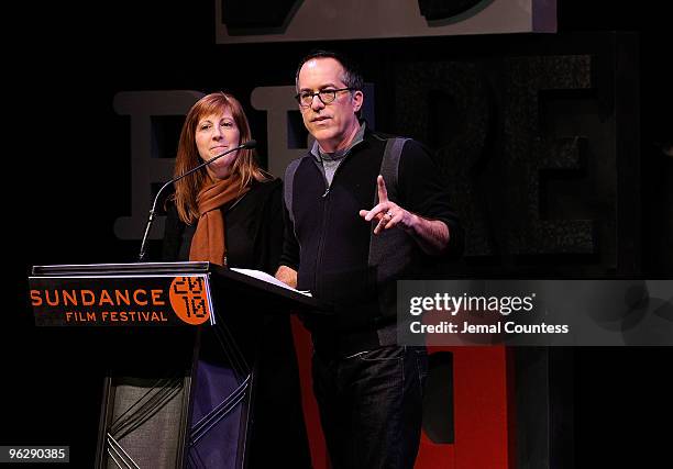 Sundance Institute Managing Director Jill Miller and Sundance Film Festival Director John Cooper speak onstage at the Awards Night Ceremony during...