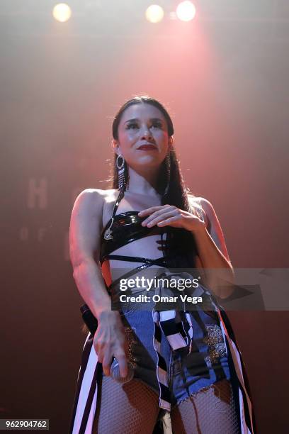 Mexican singer-songwriter Denisse Guerrero Flores of the electropop band Belanova performs during the Belanova and Moenia Concert as part of the...