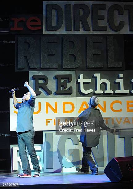 Sundance Film Festival Programmer John Cooper and host David Hyde Pierce perform onstage at the Awards Night Ceremony during the 2010 Sundance Film...