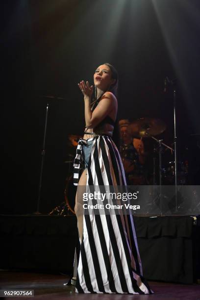 Mexican singer-songwriter Denisse Guerrero Flores of the electropop band Belanova performs during the Belanova and Moenia Concert as part of the...