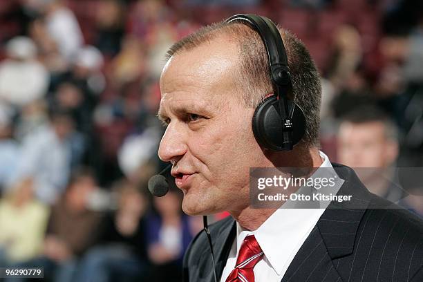 Head Coach Bob MacKinnon of the Idaho Stampede is interviewed between quarters against the Bakersfield Jam at Qwest Arena on January 30, 2010 in...