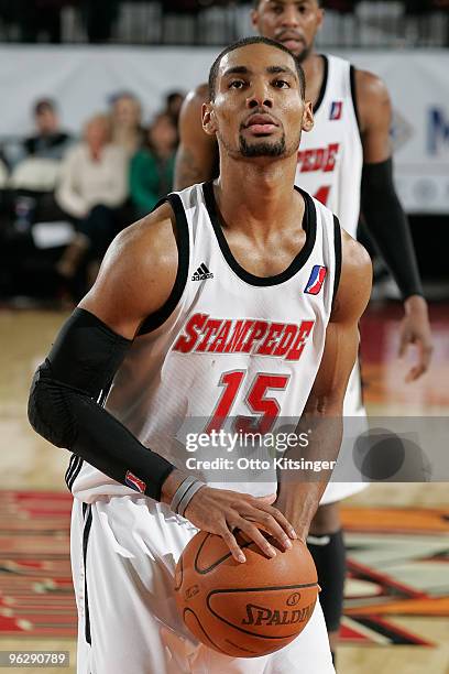 Lance Hardle of the Idaho Stampede goes to the line for a free throw against the Bakersfield Jam at Qwest Arena on January 30, 2010 in Boise, Idaho....