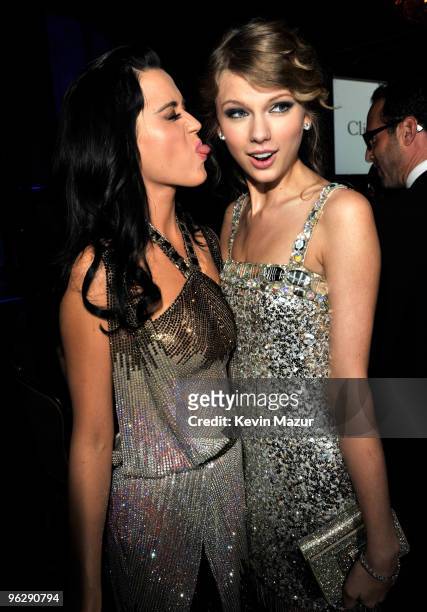 Katy Perry and Taylor Swift at the 52nd Annual GRAMMY Awards - Salute To Icons Honoring Doug Morris held at The Beverly Hilton Hotel on January 30,...