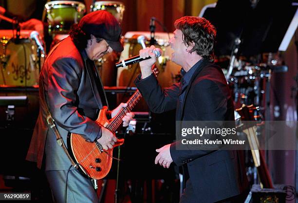 Musician Carlos Santana and singer Rob Thomas perform onstage during the 52nd Annual GRAMMY Awards - Salute To Icons Honoring Doug Morris held at The...