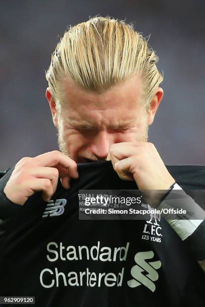 Liverpool goalkeeper Loris Karius looks dejected after the UEFA Champions League Final match between Real Madrid and Liverpool at the NSC Olimpiyskiy...