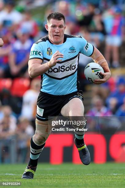 Paul Gallen of the Sharks in action during the round 12 NRL match between the Newcastle Knights and the Cronulla Sharks at McDonald Jones Stadium on...