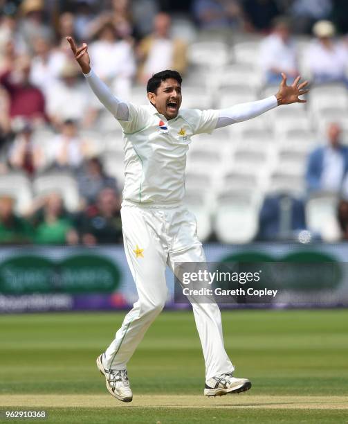 Mohammad Abbas of Pakistan celebrates dismissing Jos Buttler of England during day four of the 1st NatWest Test match at Lord's Cricket Ground on May...