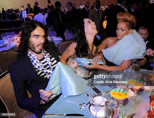 Comedian Russell Brand, singers Katy Parry, and Rihanna attend the 52nd Annual GRAMMY Awards - Salute To Icons Honoring Doug Morris held at The...