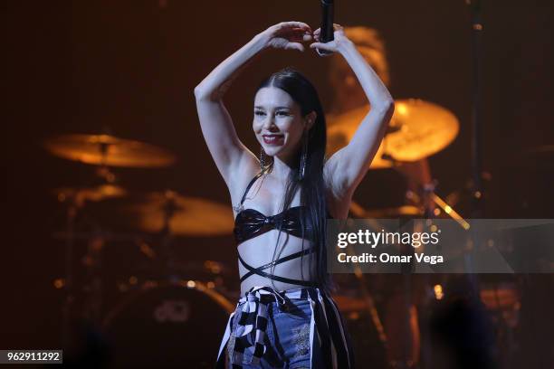 Mexican singer-songwriter Denisse Guerrero Flores of the electropop band Belanova performs during the Belanova and Moenia Concert as part of the...