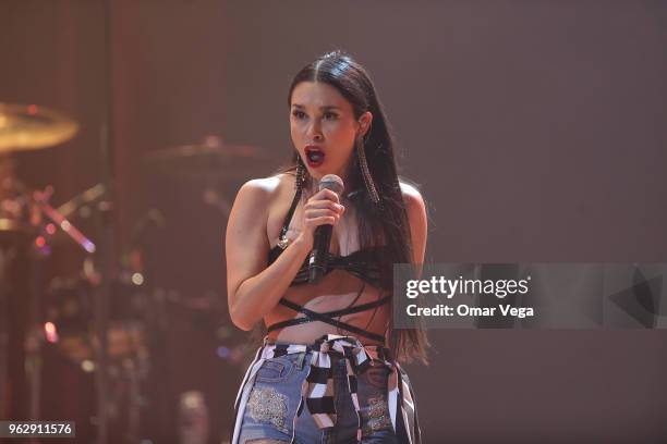 Mexican singer-songwriter Denisse Guerrero Flores of the electropop band Belanova performs during the Belanova and Moenia Concert as part of the...