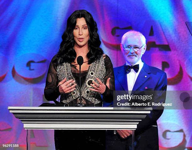 Singer Cher presents the Lifetime Achievement Award for Norman Jewison onstage during the 62nd Annual Directors Guild Of America Awards at the Hyatt...