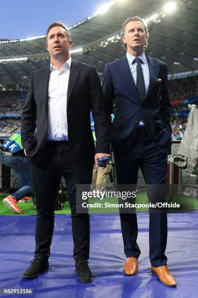 Former Liverpool players Robbie Fowler and Steve McManaman look on ahead of the UEFA Champions League Final match between Real Madrid and Liverpool...