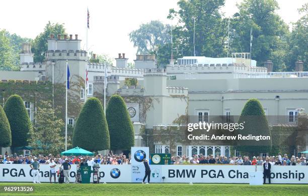 Mikko Ilonen of Finland tees off on the 1st hole during day four and the final round of the BMW PGA Championship at Wentworth on May 27, 2018 in...