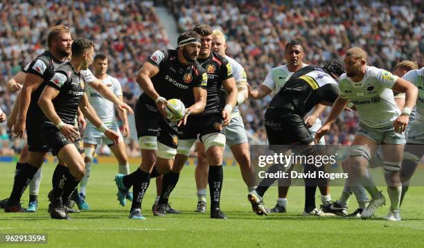 Don Armand of Exeter passes the ball during the Aviva Premiership Final between Exeter Chiefs and Saracens at Twickenham Stadium on May 26, 2018 in...