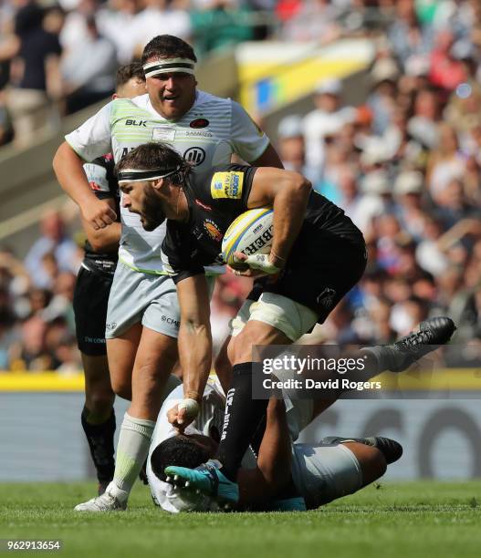 Don Armand of Exeter is tackled during the Aviva Premiership Final between Exeter Chiefs and Saracens at Twickenham Stadium on May 26, 2018 in...