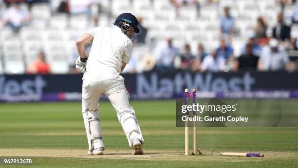 Dominic Bess of England bowled by Mohammad Amir of Pakistan during day four of the 1st NatWest Test match at Lord's Cricket Ground on May 27, 2018 in...