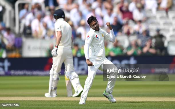 Mohammad Amir of Pakistan celebrates dismissing Dominic Bess of England during day four of the 1st NatWest Test match at Lord's Cricket Ground on May...