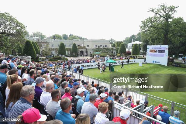 Branden Grace of South Africa tees off on the 1st hole during the final round of the BMW PGA Championship at Wentworth on May 27, 2018 in Virginia...