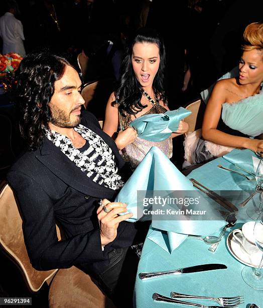 Russell Brand, Katy Perry and Rihanna at the 52nd Annual GRAMMY Awards - Salute To Icons Honoring Doug Morris held at The Beverly Hilton Hotel on...