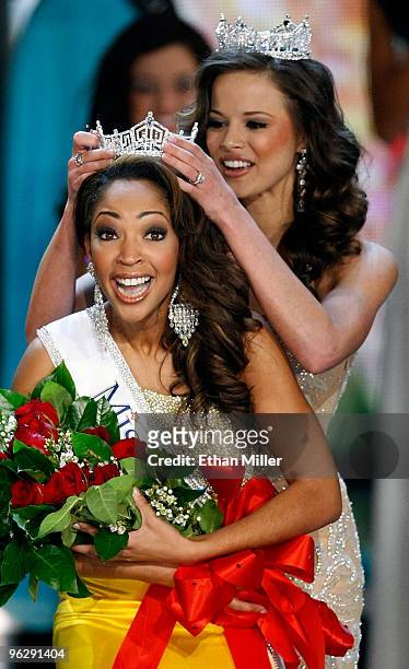 Miss America 2009 Katie Stam crowns Caressa Cameron, Miss Virginia, the new Miss America during the 2010 Miss America Pageant at the Planet Hollywood...