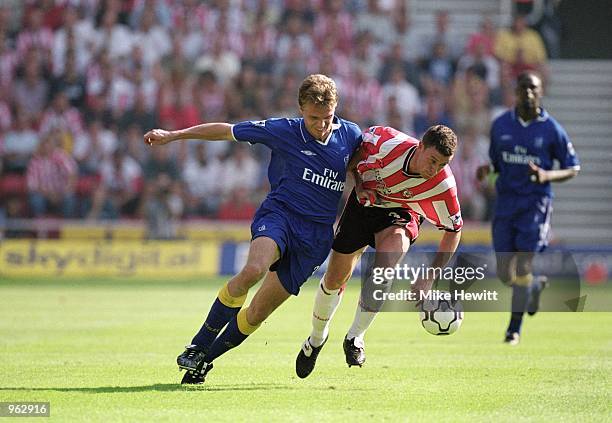 Jesper Gronkjaer of Chelsea and Wayne Bridge of Southampton challenge for the ball during the FA Barclaycard Premiership match between Southampton...