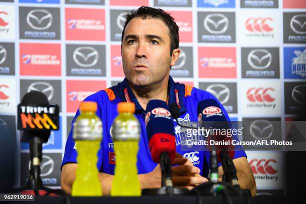 Brad Scott, coach of the Kangaroos takes questions at the press conference post game during the 2018 AFL round 10 match between the Fremantle Dockers...
