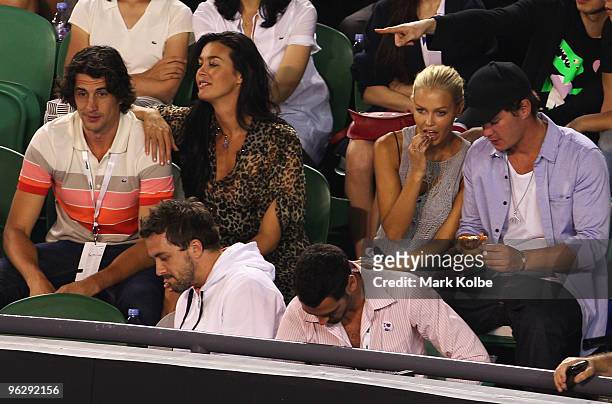 Personality Andy Lee, model Megan Gale, Lara Bingle, Luke Trickett and Olympic swimmer Libby Trickett attend the the men's final match between Andy...