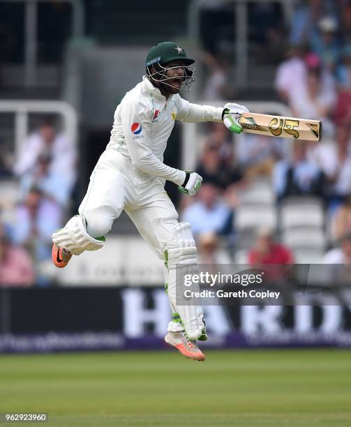 Imam-ul-Haq of Pakistan celebrates winning the 1st NatWest Test match at Lord's Cricket Ground on May 27, 2018 in London, England.