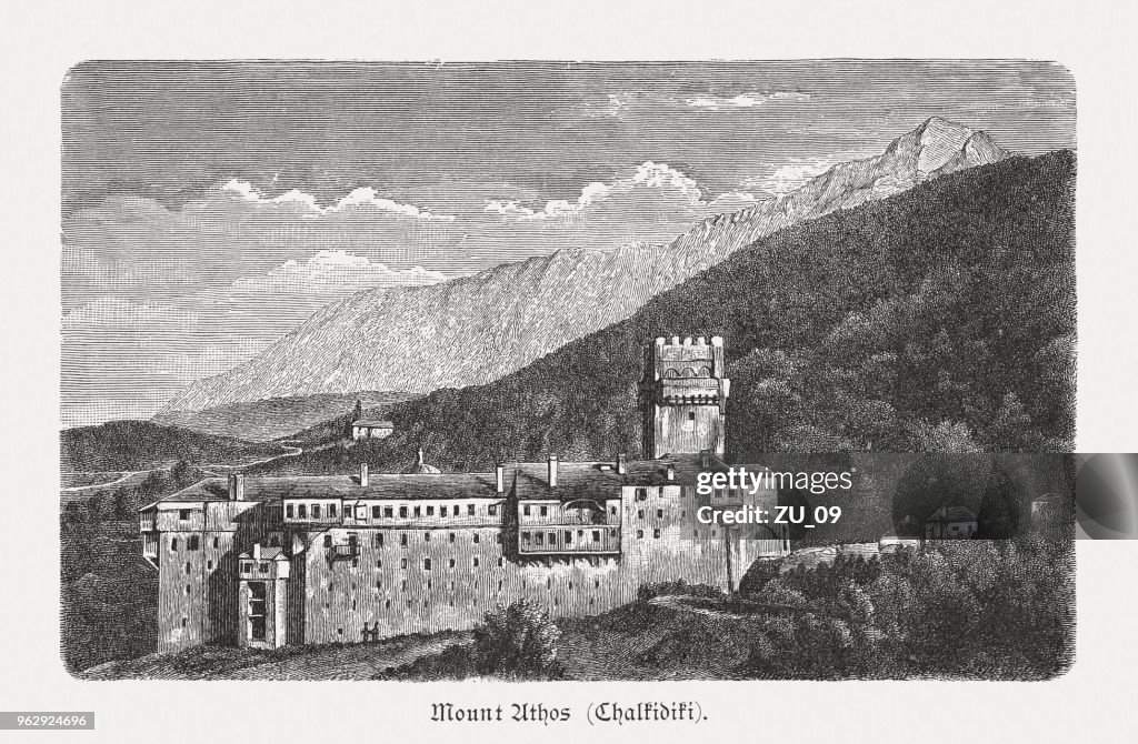 Karakallou Monastery, Mount Athos, Greece, wood engraving, published in 1897