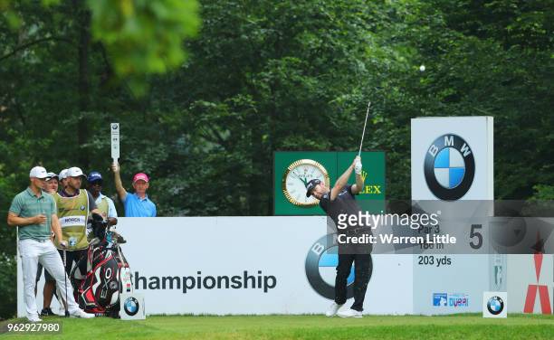 Alex Noren of Sweden tees off on the 5th hole during day four and the final round of the BMW PGA Championship at Wentworth on May 27, 2018 in...