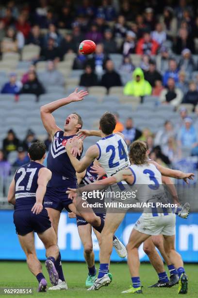 Aaron Sandilands of the Dockers in action during the round 10 AFL match between the Fremantle Dockers and the North Melbourne Kangaroos at Optus...
