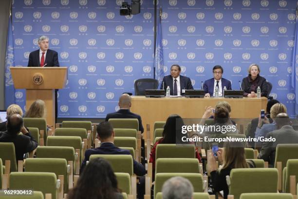 Noon briefing guests, on the launch of International Finance Facility for Education;At the dais : Gordon Brown, United Nations Special Envoy for...