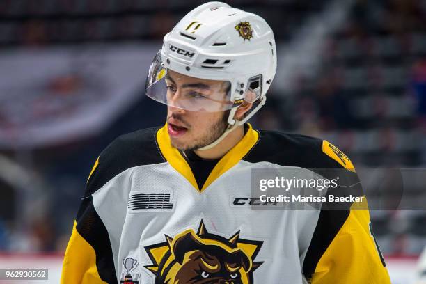 Isaac Nurse of Hamilton Bulldogs stands on the ice during warm up against the Regina Pats at Brandt Centre - Evraz Place on May 18, 2018 in Regina,...