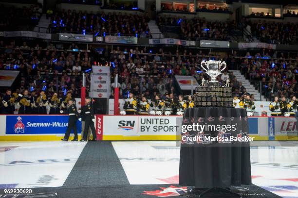 The Memorial Cup stands on the ice at the opening ceremonies during game 1 between the Hamilton Bulldogs and the Regina Pats at Brandt Centre - Evraz...