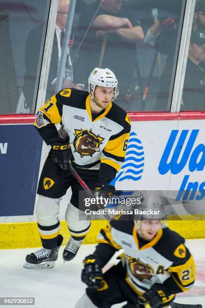 Riley Stillman of Hamilton Bulldogs skates against the Regina Pats at Brandt Centre - Evraz Place on May 18, 2018 in Regina, Canada.