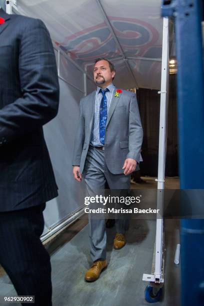 John Gruden, head coach of the Hamilton Bulldogs walks through the tunnel to the bench at the start of game 1 against the Regina Pats at Brandt...